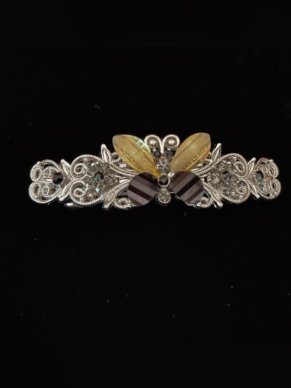 GOLD AND BLACK GLASS BUTTERFLY & RHINESTONES 3.5” SILVER-TONE HAIR BARRETTE